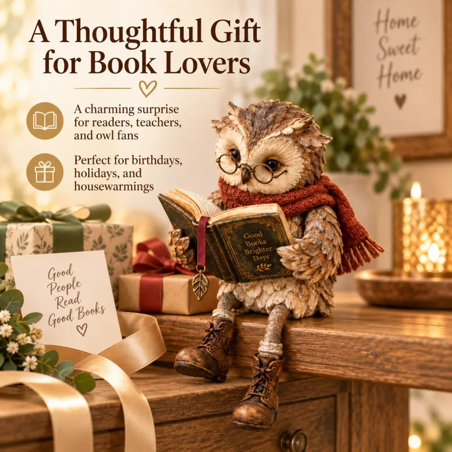 🦉 Reading Owl Figurine with Glasses, Book & Dangling Boots | Rustic Woodland Tabletop Decor