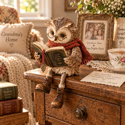 🦉 Reading Owl Figurine with Glasses, Book & Dangling Boots | Rustic Woodland Tabletop Decor