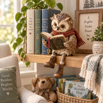 🦉 Reading Owl Figurine with Glasses, Book & Dangling Boots | Rustic Woodland Tabletop Decor