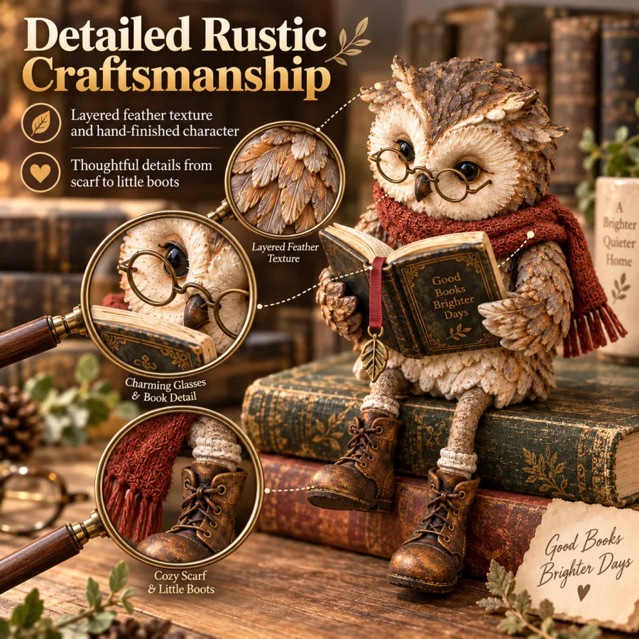 🦉 Reading Owl Figurine with Glasses, Book & Dangling Boots | Rustic Woodland Tabletop Decor