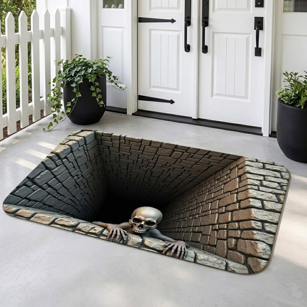 💀3D Illusion Skull Pit Mat – Halloween Area Rug with Skeleton Crawling Out of a Hole
