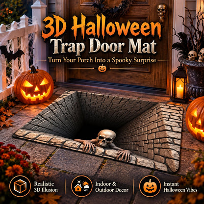 💀3D Illusion Skull Pit Mat – Halloween Area Rug with Skeleton Crawling Out of a Hole