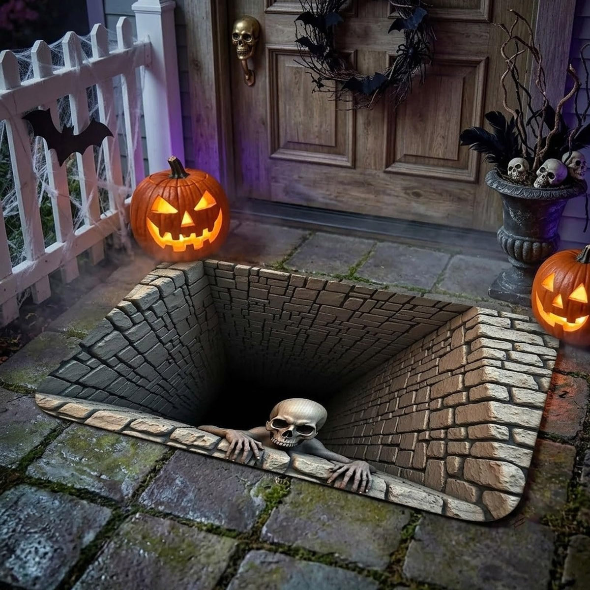 💀3D Illusion Skull Pit Mat – Halloween Area Rug with Skeleton Crawling Out of a Hole