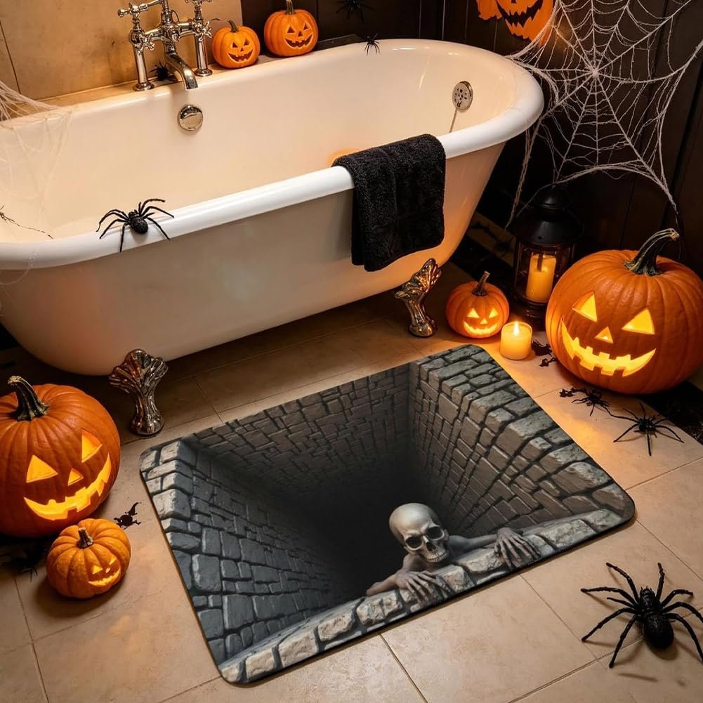 💀3D Illusion Skull Pit Mat – Halloween Area Rug with Skeleton Crawling Out of a Hole