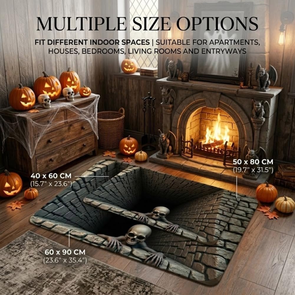 💀3D Illusion Skull Pit Mat – Halloween Area Rug with Skeleton Crawling Out of a Hole