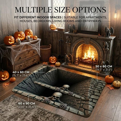 💀3D Illusion Skull Pit Mat – Halloween Area Rug with Skeleton Crawling Out of a Hole