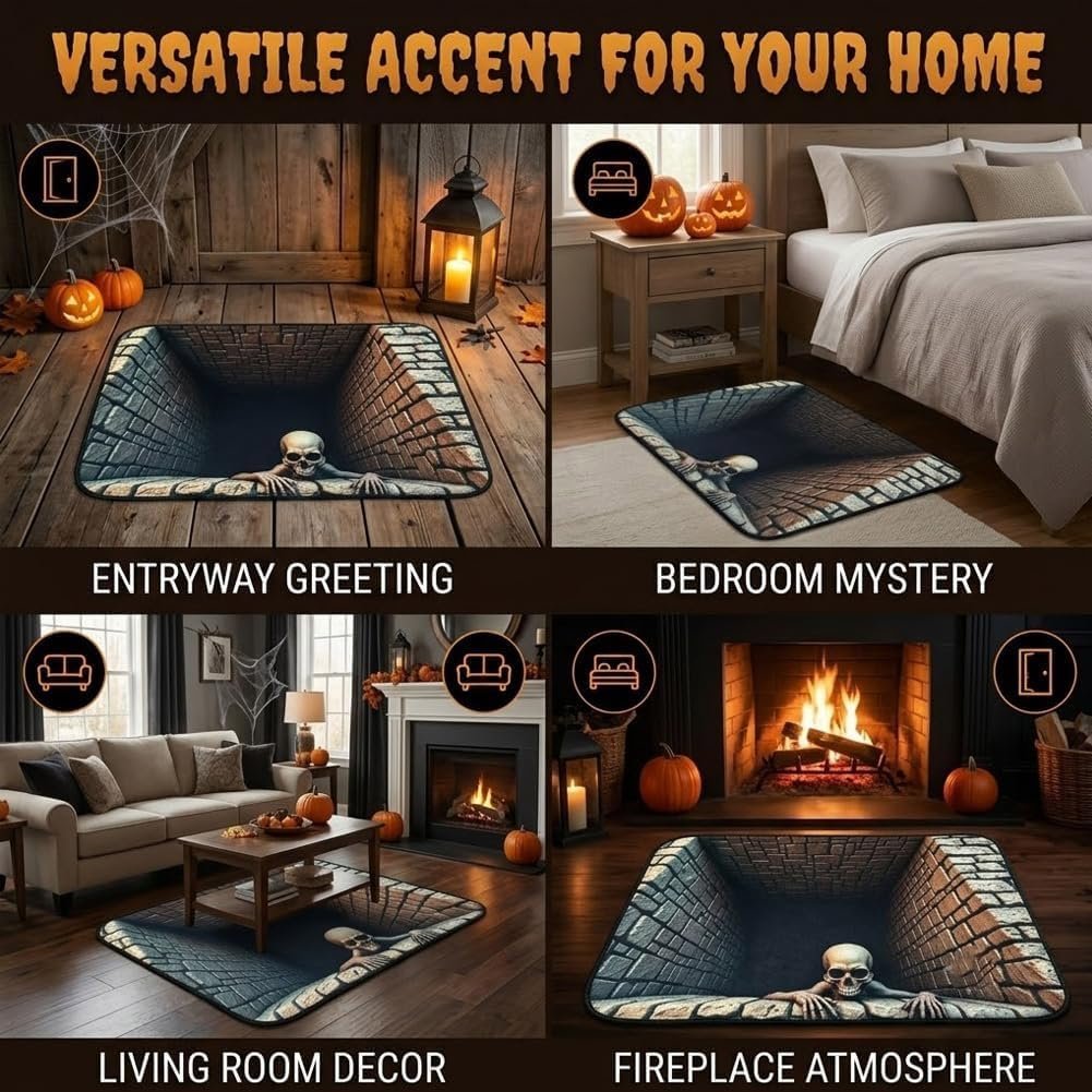 💀3D Illusion Skull Pit Mat – Halloween Area Rug with Skeleton Crawling Out of a Hole