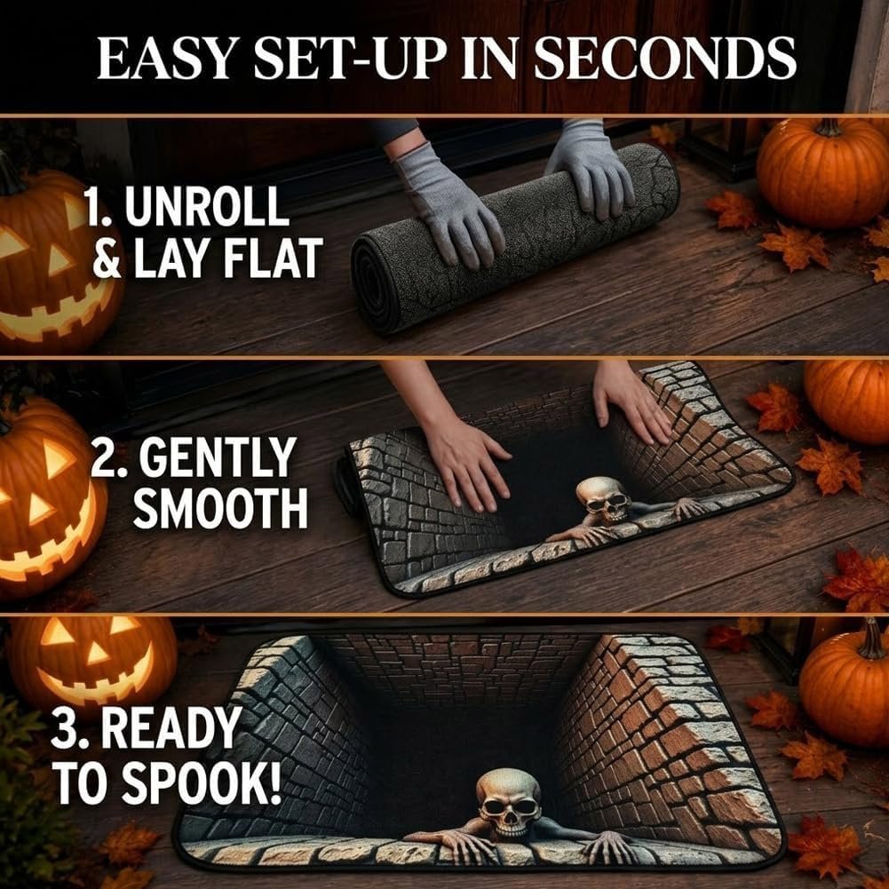 💀3D Illusion Skull Pit Mat – Halloween Area Rug with Skeleton Crawling Out of a Hole