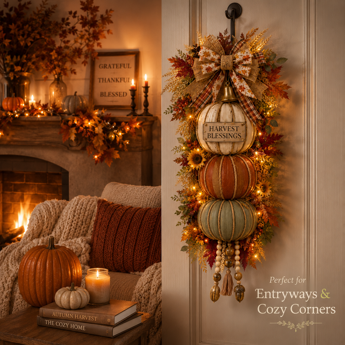 💯🎃Lighted Stacked Pumpkin Fall Door Decor with 3 Seasonal Plaques