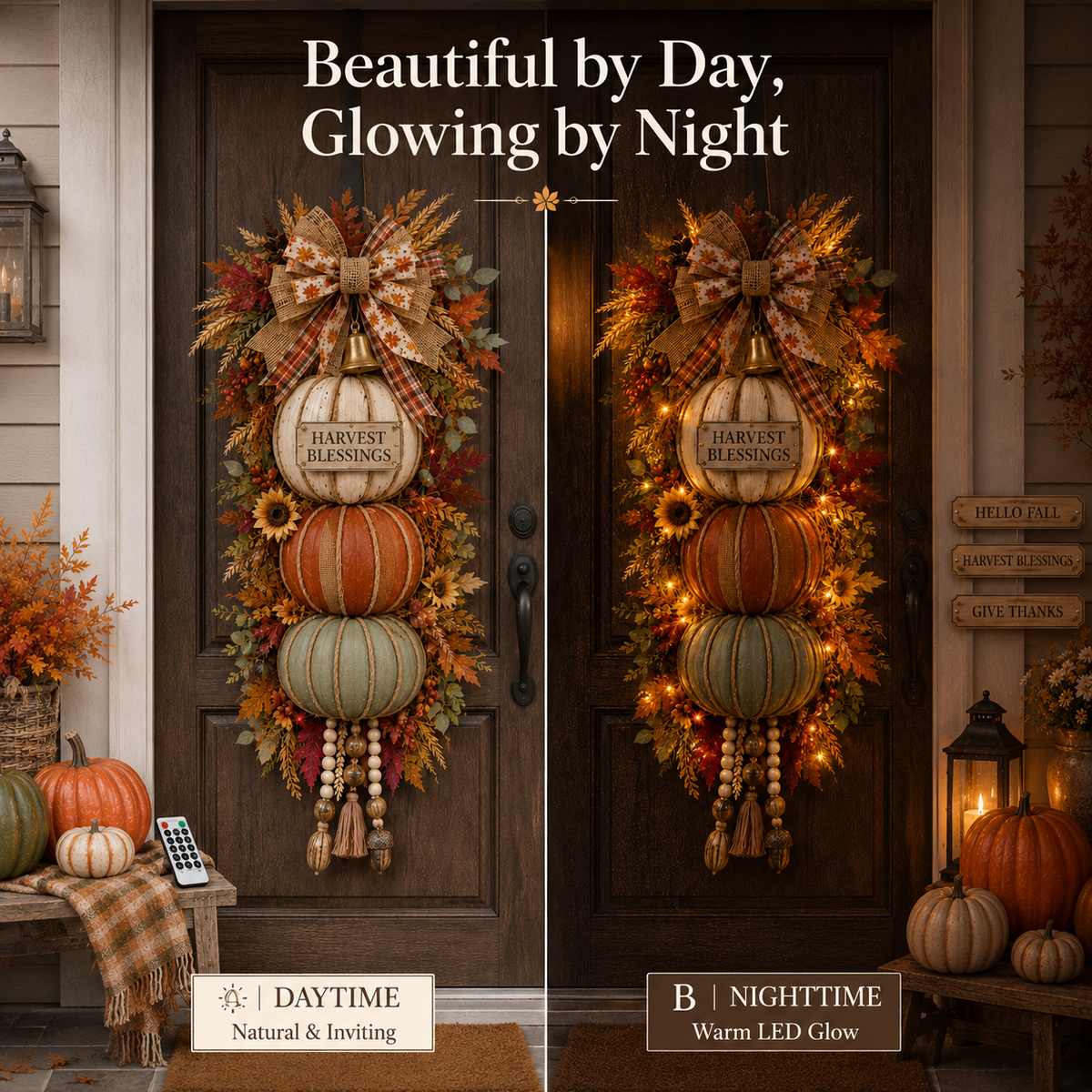 💯🎃Lighted Stacked Pumpkin Fall Door Decor with 3 Seasonal Plaques