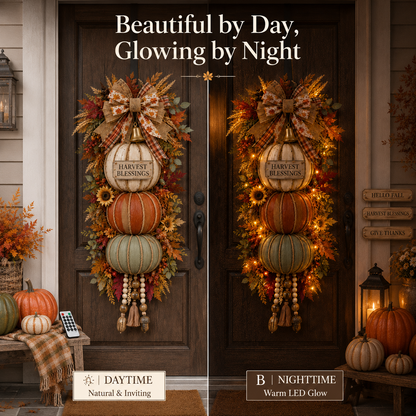 💯🎃Lighted Stacked Pumpkin Fall Door Decor with 3 Seasonal Plaques