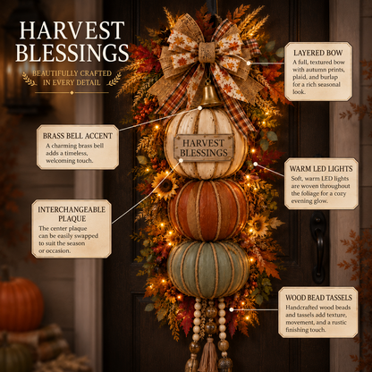 💯🎃Lighted Stacked Pumpkin Fall Door Decor with 3 Seasonal Plaques