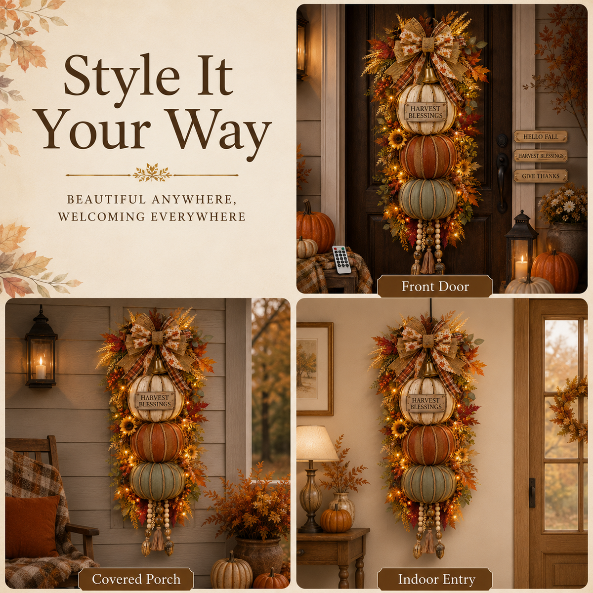 💯🎃Lighted Stacked Pumpkin Fall Door Decor with 3 Seasonal Plaques