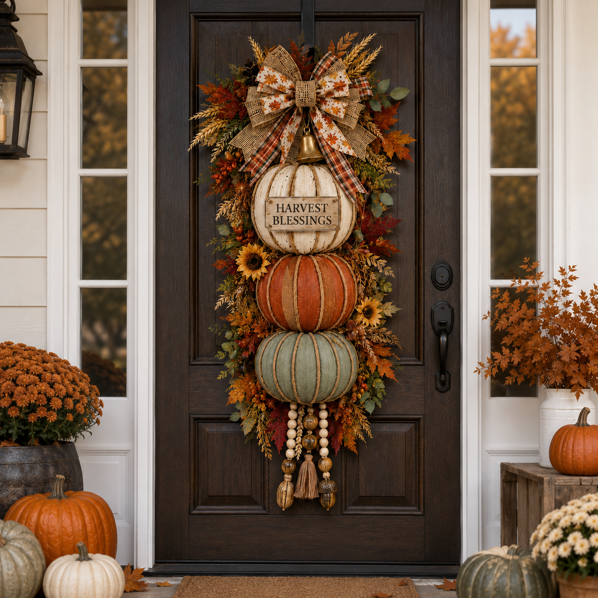 💯🎃Lighted Stacked Pumpkin Fall Door Decor with 3 Seasonal Plaques