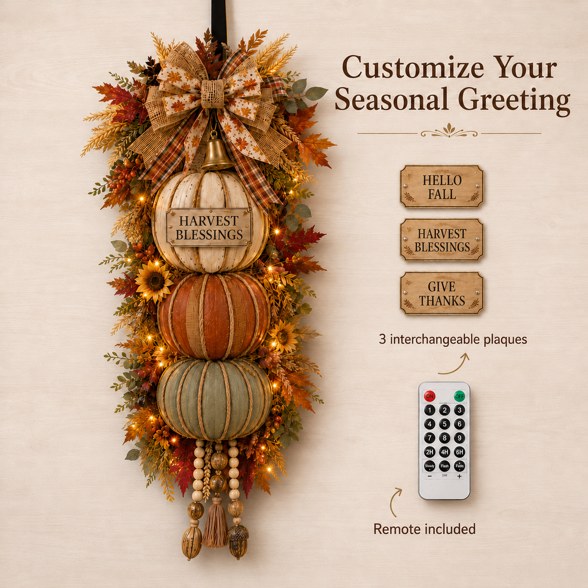 💯🎃Lighted Stacked Pumpkin Fall Door Decor with 3 Seasonal Plaques
