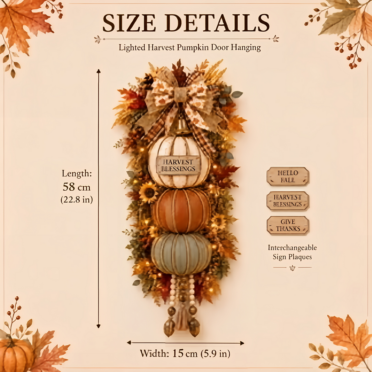 💯🎃Lighted Stacked Pumpkin Fall Door Decor with 3 Seasonal Plaques