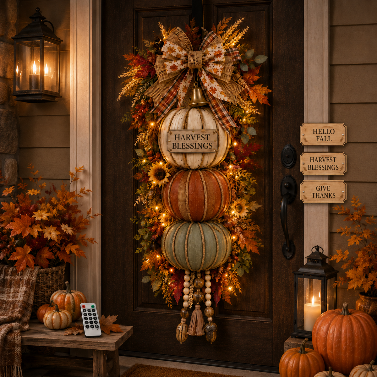 💯🎃Lighted Stacked Pumpkin Fall Door Decor with 3 Seasonal Plaques