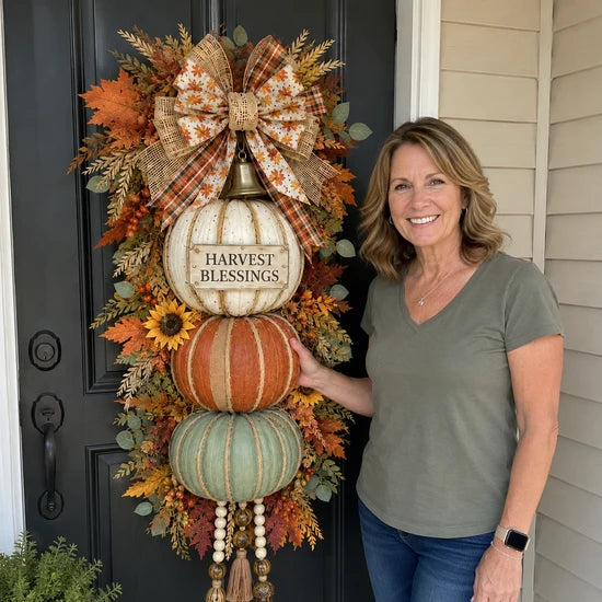 💯🎃Lighted Stacked Pumpkin Fall Door Decor with 3 Seasonal Plaques