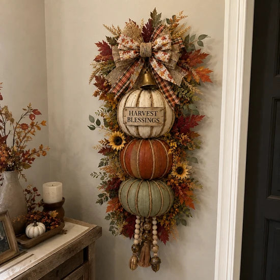 💯🎃Lighted Stacked Pumpkin Fall Door Decor with 3 Seasonal Plaques