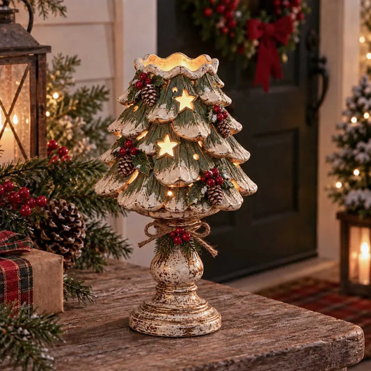 🎄🕯️Vintage Distressed Christmas Pedestal Candle Holder, Heirloom Holiday Tabletop Decor