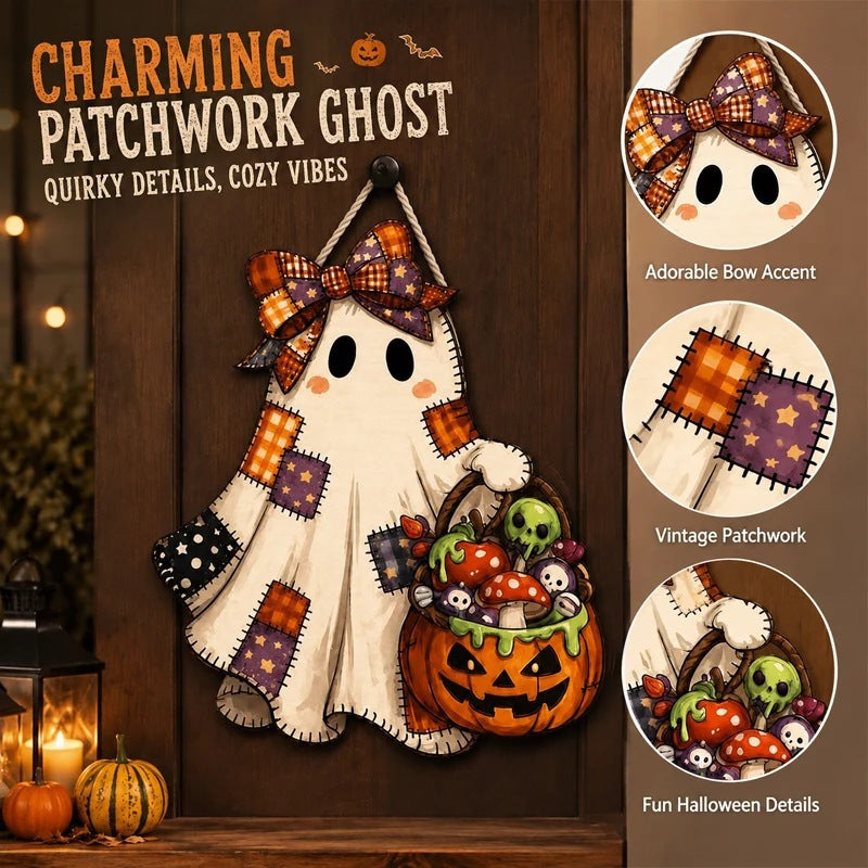 👻 50% OFF – Patchwork Ghost Wooden Door Hanger – Halloween Decor