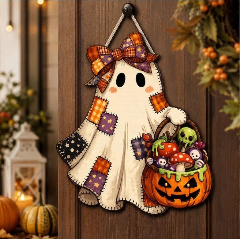 👻 50% OFF – Patchwork Ghost Wooden Door Hanger – Halloween Decor