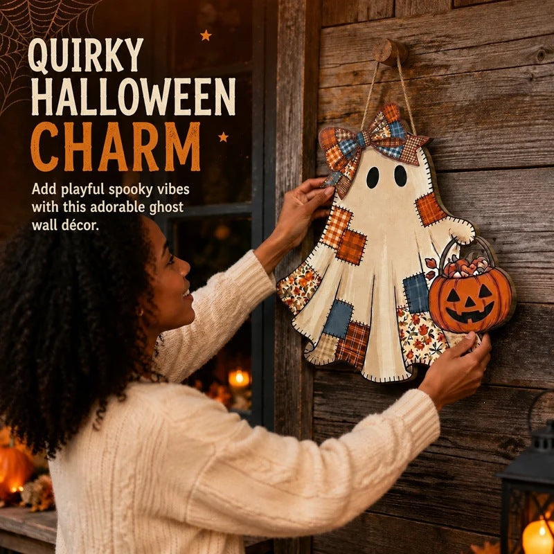 👻 50% OFF – Patchwork Ghost Wooden Door Hanger – Halloween Decor