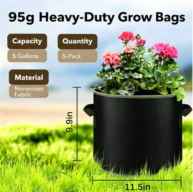 5-Pack 5 Gallon Grow Bags – Heavy Duty Aeration Fabric Pots with Handles for Vegetables, Flowers & Fruits