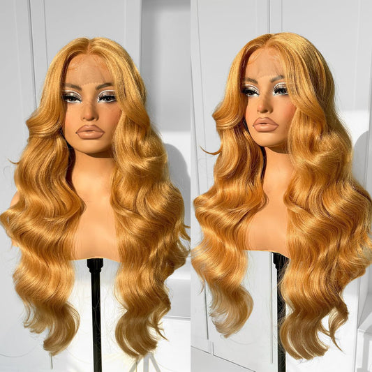 13*4 lace front wig, gradient gold layered wavy synthetic glue-free lace wig