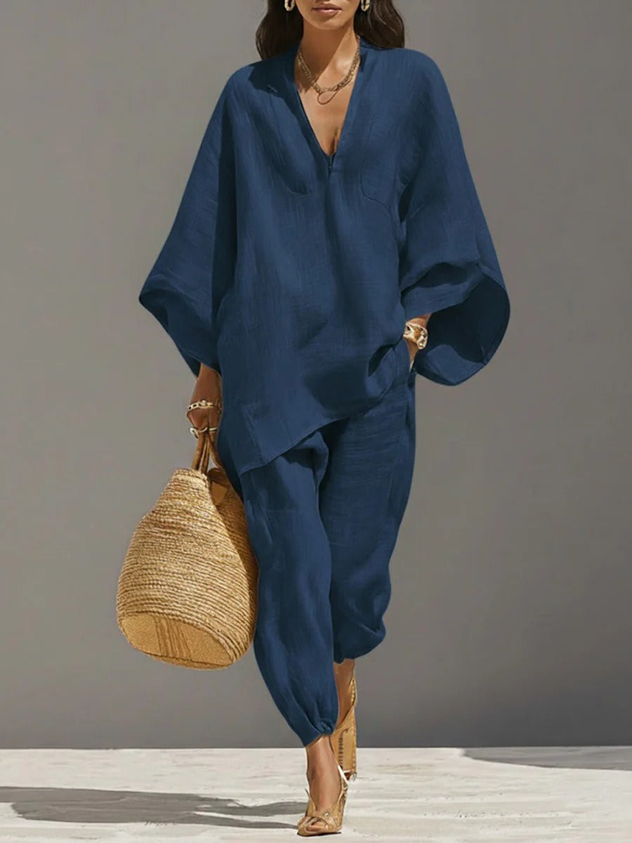 Loose Linen-Blend Two-Piece Set – Casual V-Neck Top + Joggers