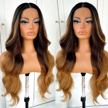 13*4 lace front wig, gradient gold layered wavy synthetic glue-free lace wig
