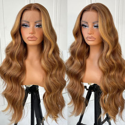 13*4 lace front wig, gradient gold layered wavy synthetic glue-free lace wig
