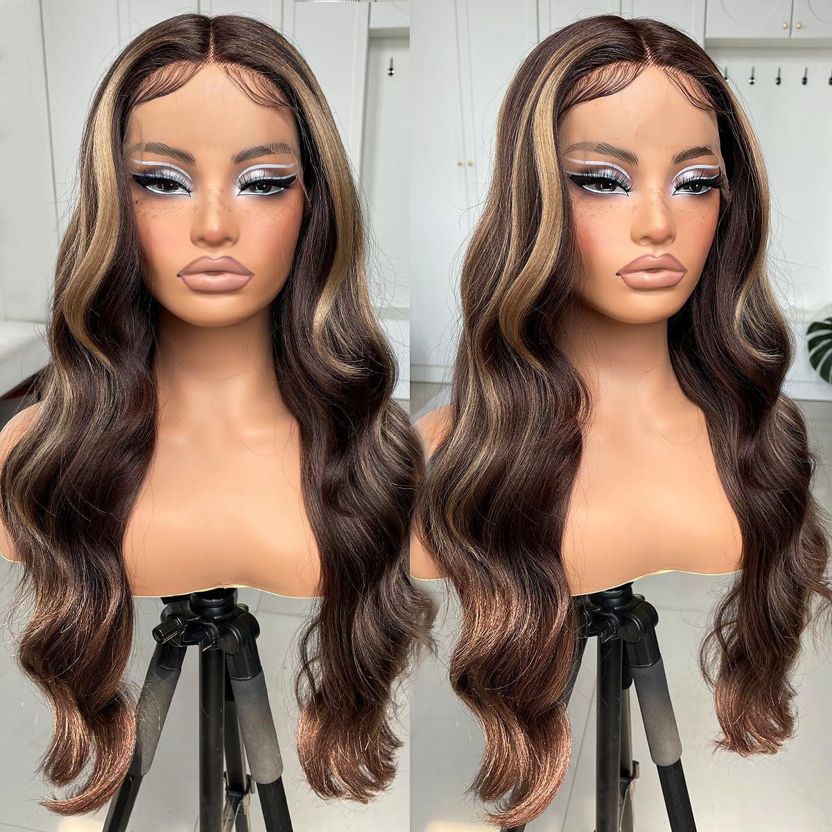 13*4 lace front wig, gradient gold layered wavy synthetic glue-free lace wig