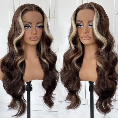 13*4 lace front wig, gradient gold layered wavy synthetic glue-free lace wig
