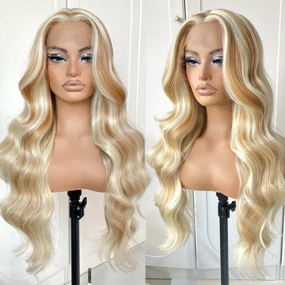 13*4 lace front wig, gradient gold layered wavy synthetic glue-free lace wig