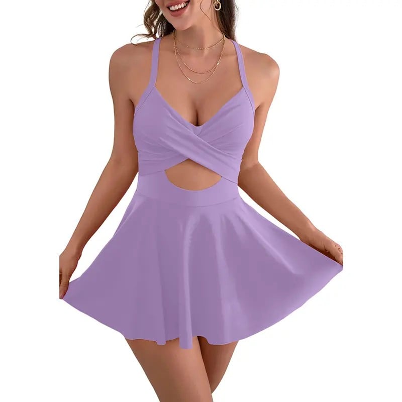 ⚡Hot Sales 49% OFF🔥Women Cutout One Piece Skirt Swimsuit V Neck Wrap Tie Back Swimdress Tummy Control Bathing Suits High Rise Swimwear High Waist Swimwsuit