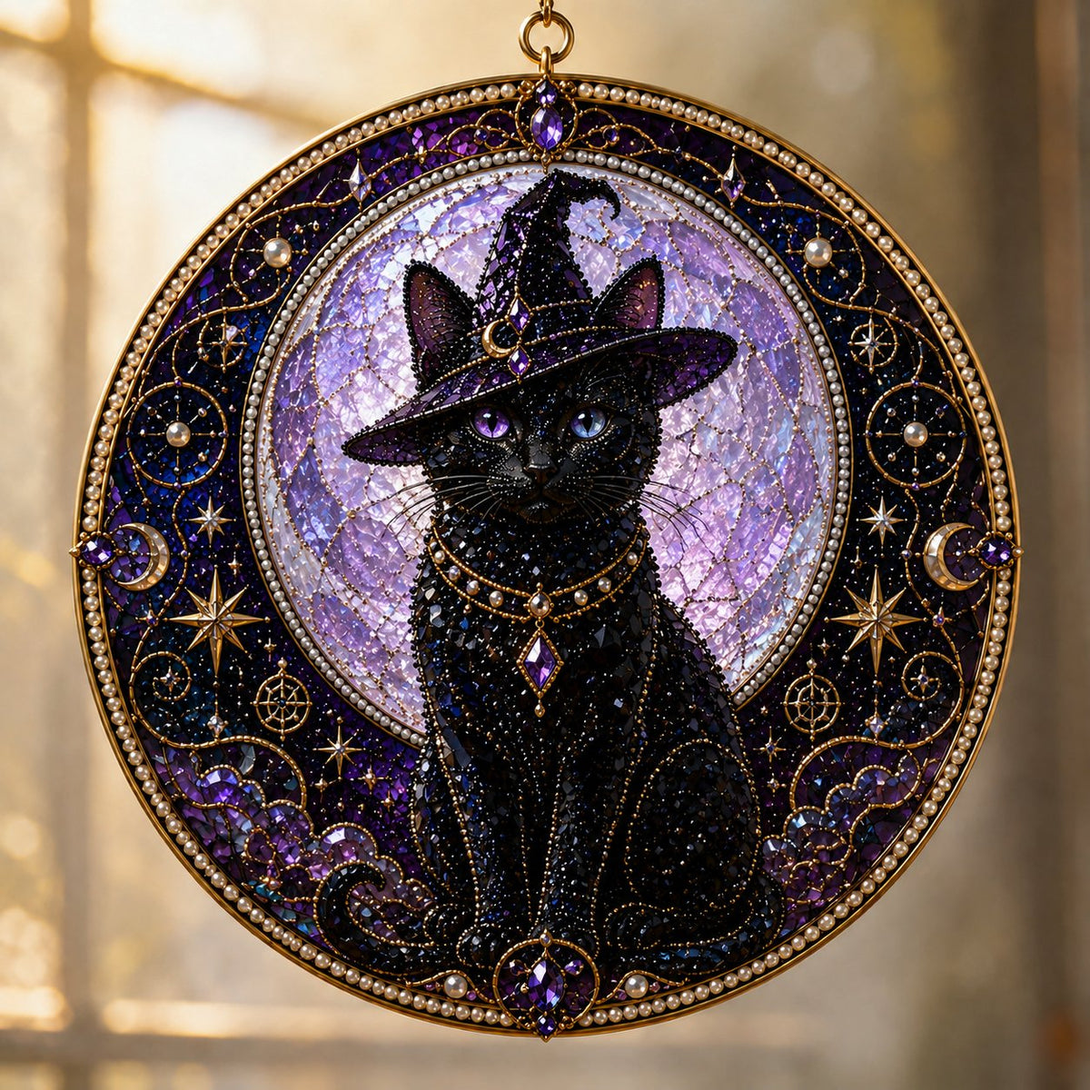 🔥Last Day 50% OFF -🌙🐈‍⬛ Premium 3D Pearl Celestial Black Cat Window Hanging Kit