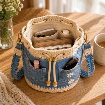 👜✨Handmade Denim Crochet Bucket Bag Stylish Woven Shoulder Tote Everyday Fashion✨👜