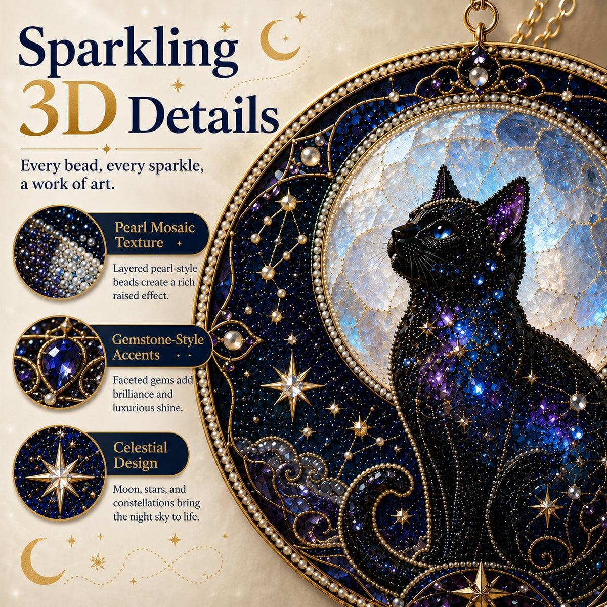 🔥Last Day 50% OFF -🌙🐈‍⬛ Premium 3D Pearl Celestial Black Cat Window Hanging Kit