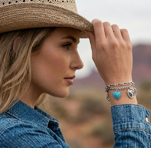 ✨This Week's Special Price🏇🤠Handmade Western Cowboy Charm Bracelet with Boot Hat Cactus & Heart Charms🌵