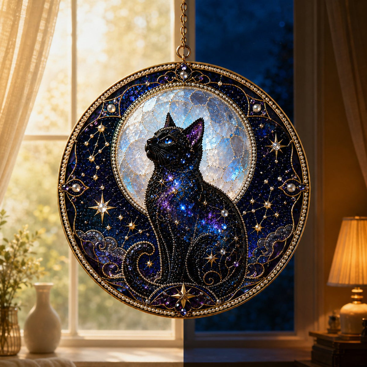 🔥Last Day 50% OFF -🌙🐈‍⬛ Premium 3D Pearl Celestial Black Cat Window Hanging Kit