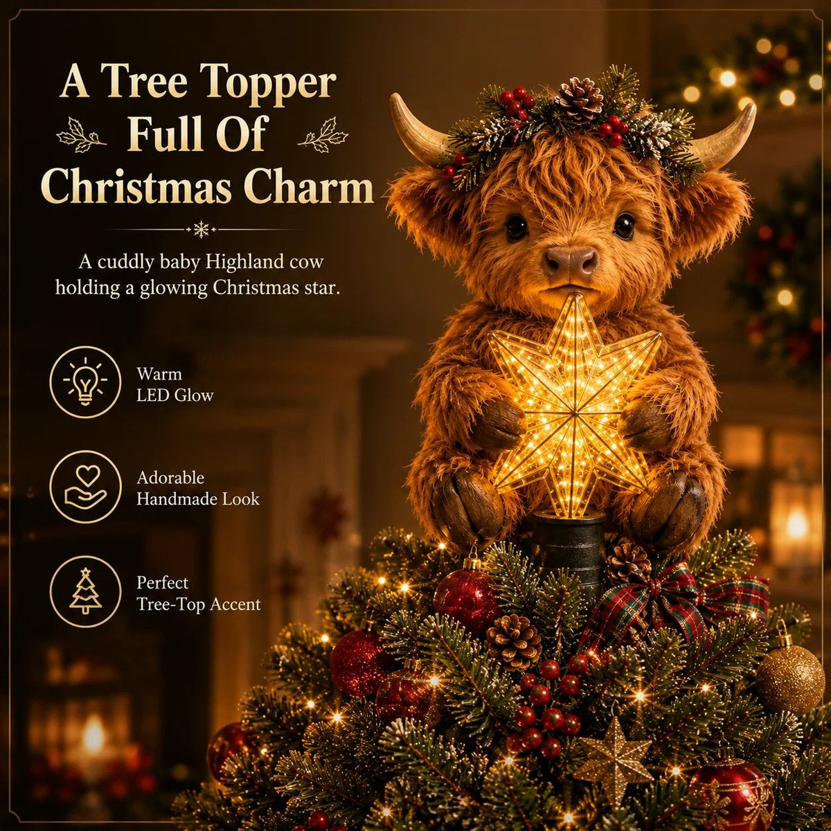 🎄 Last Day 50% OFF✨-🐮Baby Highland Cow Glowing Star Tree Topper for Magical Christmas Decor ✨