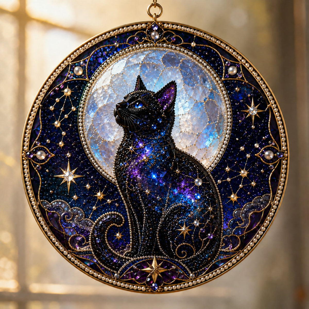 🔥Last Day 50% OFF -🌙🐈‍⬛ Premium 3D Pearl Celestial Black Cat Window Hanging Kit