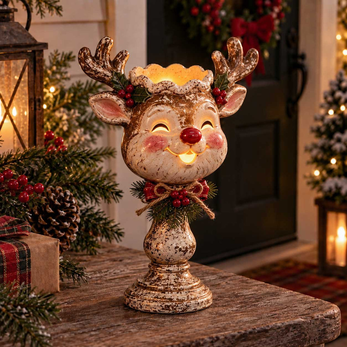 🎄🕯️Vintage Distressed Christmas Pedestal Candle Holder