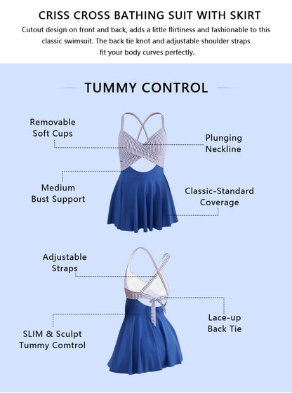 ⚡Hot Sales 49% OFF🔥Women Cutout One Piece Skirt Swimsuit V Neck Wrap Tie Back Swimdress Tummy Control Bathing Suits High Rise Swimwear High Waist Swimwsuit