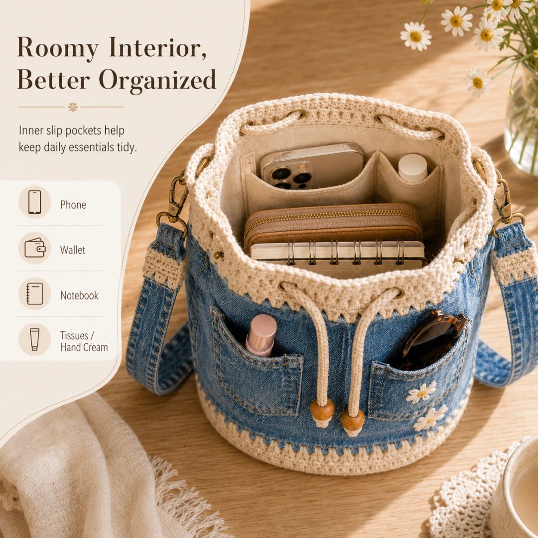 👜✨Handmade Denim Crochet Bucket Bag Stylish Woven Shoulder Tote Everyday Fashion✨👜