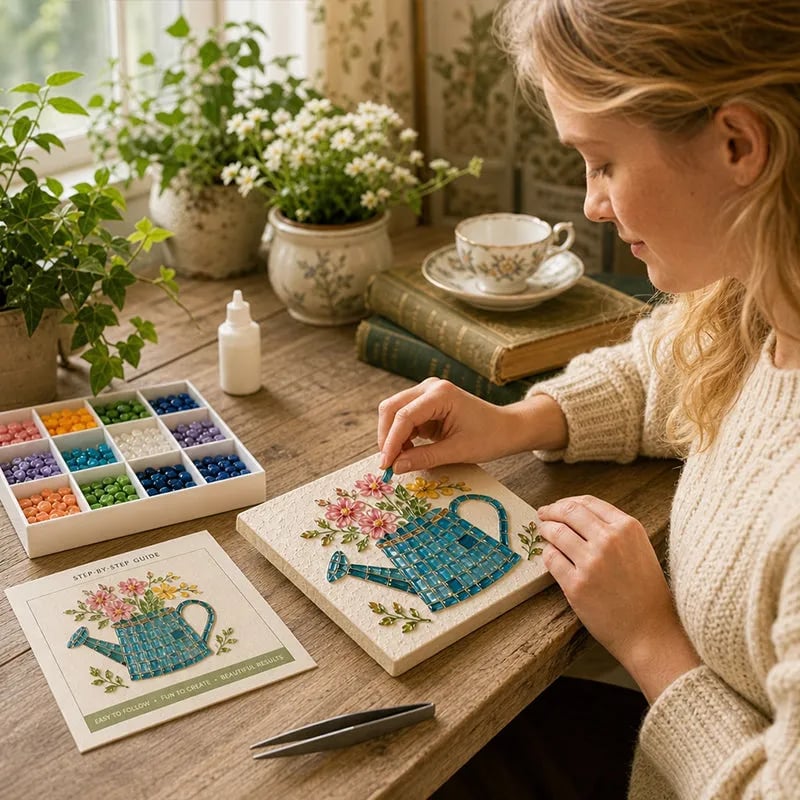 Watering Can Mosaic Art Kit-🔥LAST DAY 50% OFF🔥🌿Beginner-Friendly Floral DIY Craft with Vibrant Mosaic Beads & Sturdy Display Base ✨
