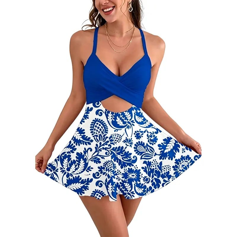 ⚡Hot Sales 49% OFF🔥Women Cutout One Piece Skirt Swimsuit V Neck Wrap Tie Back Swimdress Tummy Control Bathing Suits High Rise Swimwear High Waist Swimwsuit