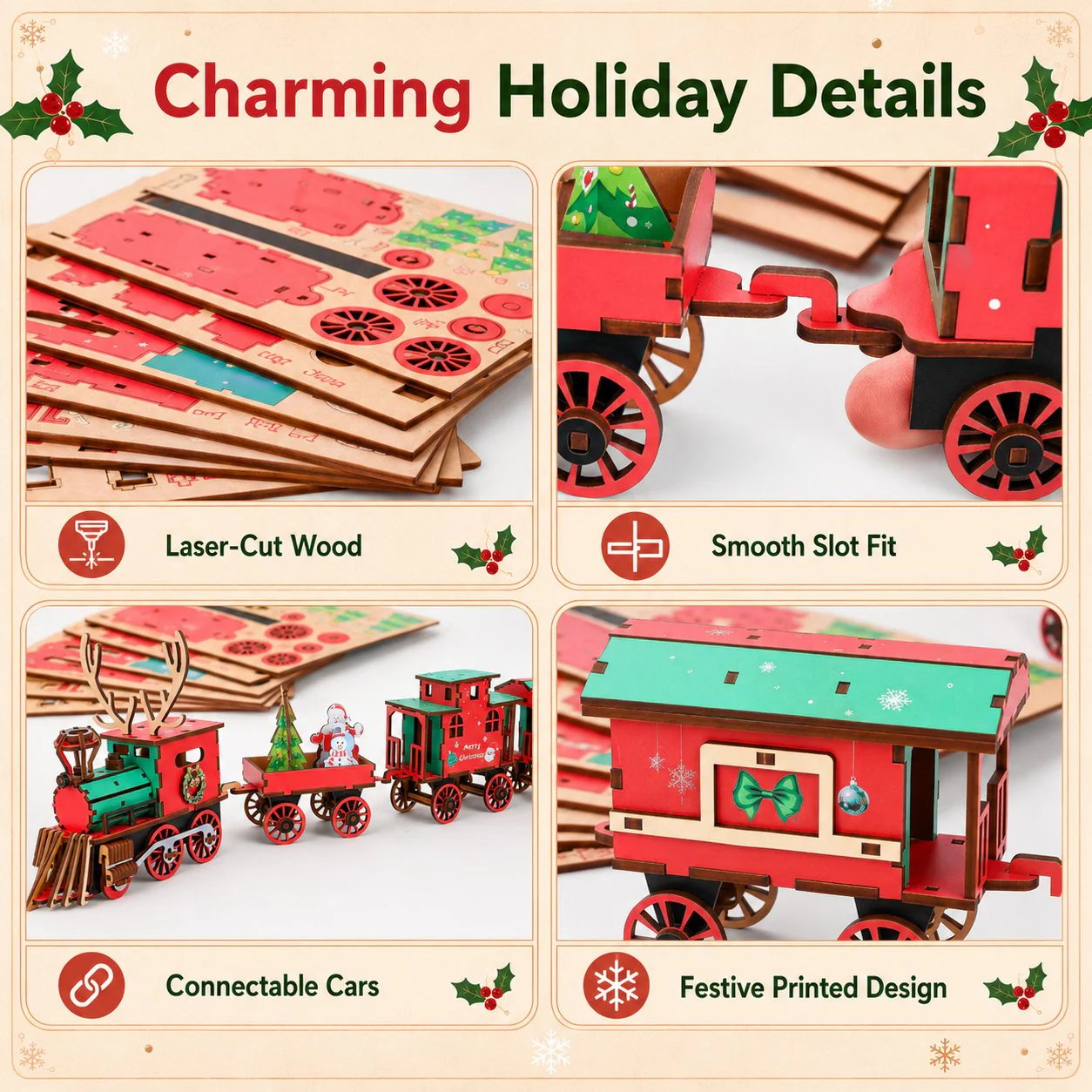 🎄LAST DAY 50% OFF – DIY Christmas Wooden Train Set 3D Assembly Puzzle Kit