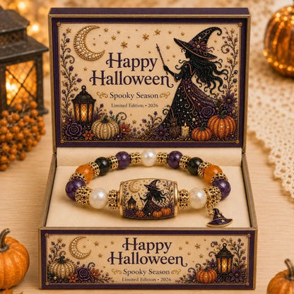 ⏰Last day Promotion 🔥-🎃 Halloween Beaded Bracelet – Black Cat & Pumpkin Charm Spooky Season Jewelry Gift